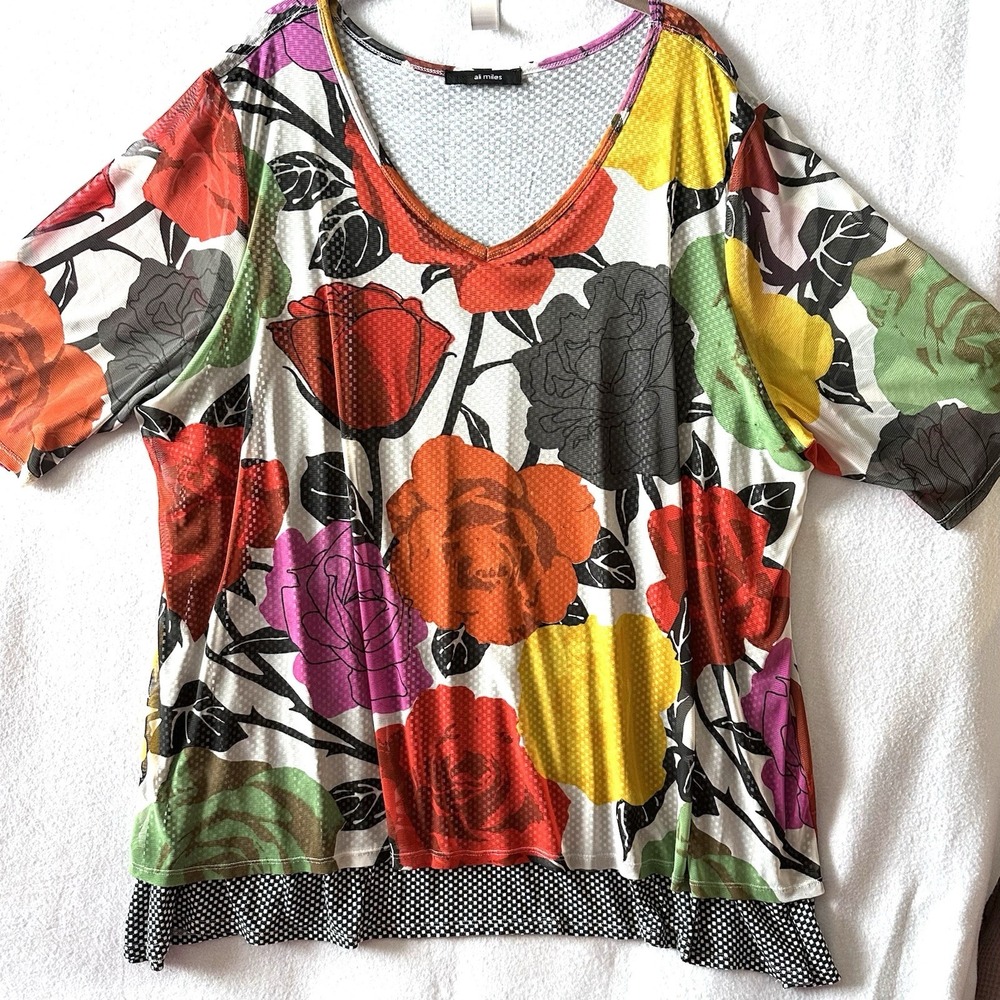 Ali Miles 2X Floral Polka‎ Dot Artsy Lagenlook Blouse Top Layered